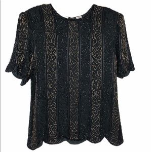 Scala  Vintage Silk Beaded  Short Sleeves Top Size Large